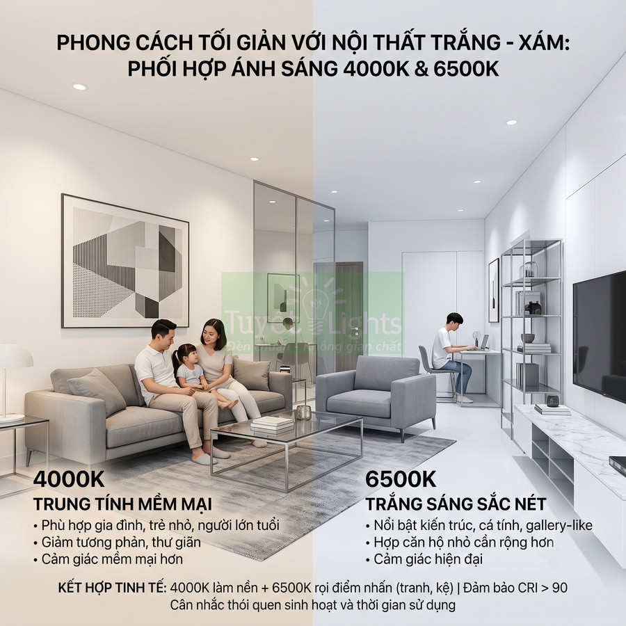 Phòng khách tối giản trắng xám dùng đèn LED 4000K và 6500K cho ánh sáng trung tính và trắng sáng hiện đại